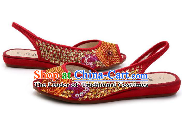 Traditional Chinese National Bride Red Paillette Embroidered Sandal, China Handmade Embroidery Flowers Peep-toe Shoes for Women