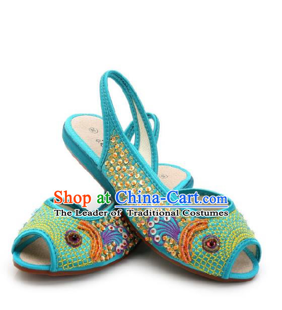 Traditional Chinese National Bride Blue Paillette Embroidered Sandal, China Handmade Embroidery Flowers Peep-toe Shoes for Women