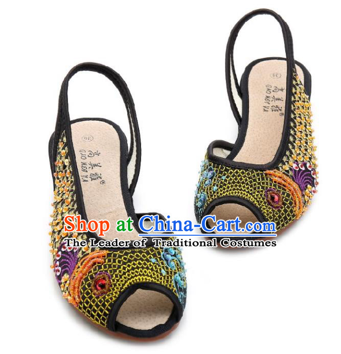 Traditional Chinese National Bride Black Paillette Embroidered Sandal, China Handmade Embroidery Flowers Peep-toe Shoes for Women