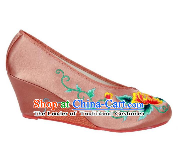 Traditional Chinese National Bride Light Pink Embroidered Shoes, China Handmade Embroidery Flowers Wedge-soled Shoes for Women