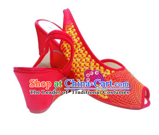 Traditional Chinese National Bride Red Paillette Embroidered Sandal, China Handmade Embroidery Flowers Peep-toe Shoes for Women