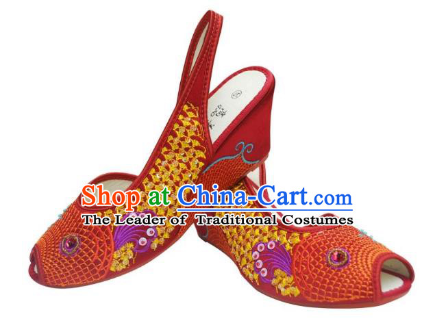 Traditional Chinese National Bride Rosy Paillette Embroidered Sandal, China Handmade Embroidery Flowers Peep-toe Shoes for Women