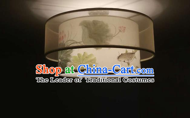 Traditional Chinese Handmade Sheepskin Painting Lotus Fish Palace Lantern China Ceiling Palace Lamp