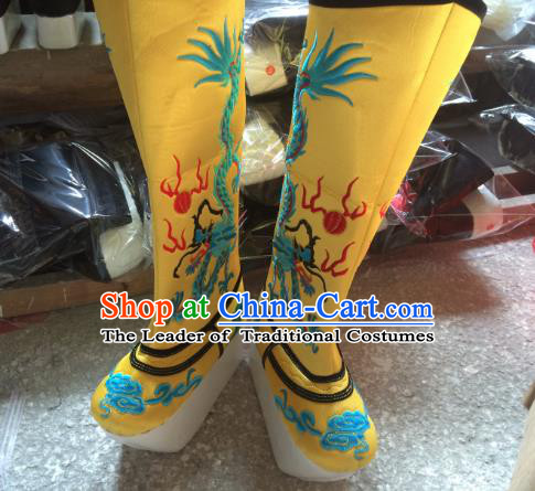 Traditional Chinese Ancient Peking Opera Emperor Embroidered Boots, China Handmade Hanfu Yellow Embroidery Shoes for Men