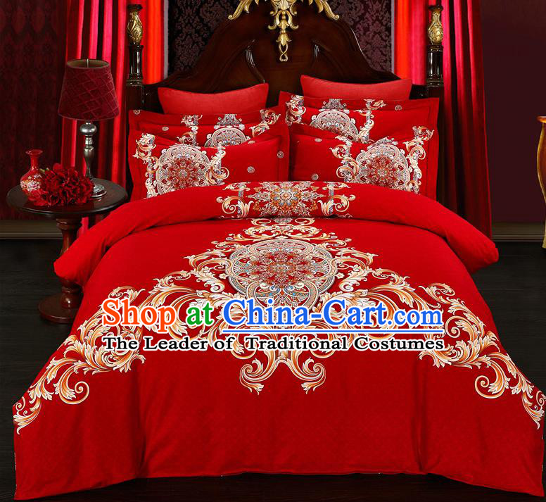 Traditional Chinese Style Wedding Bedding Set, China National Printing Red Textile Bedding Sheet Quilt Cover Complete Set