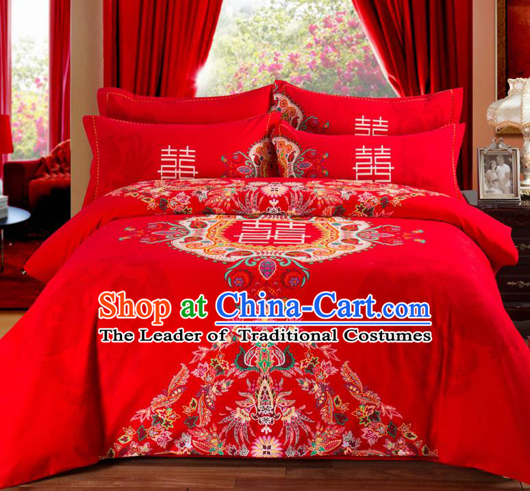 Traditional Chinese Style Wedding Bedding Set, China National Marriage Printing Red Textile Bedding Sheet Quilt Cover Complete Set