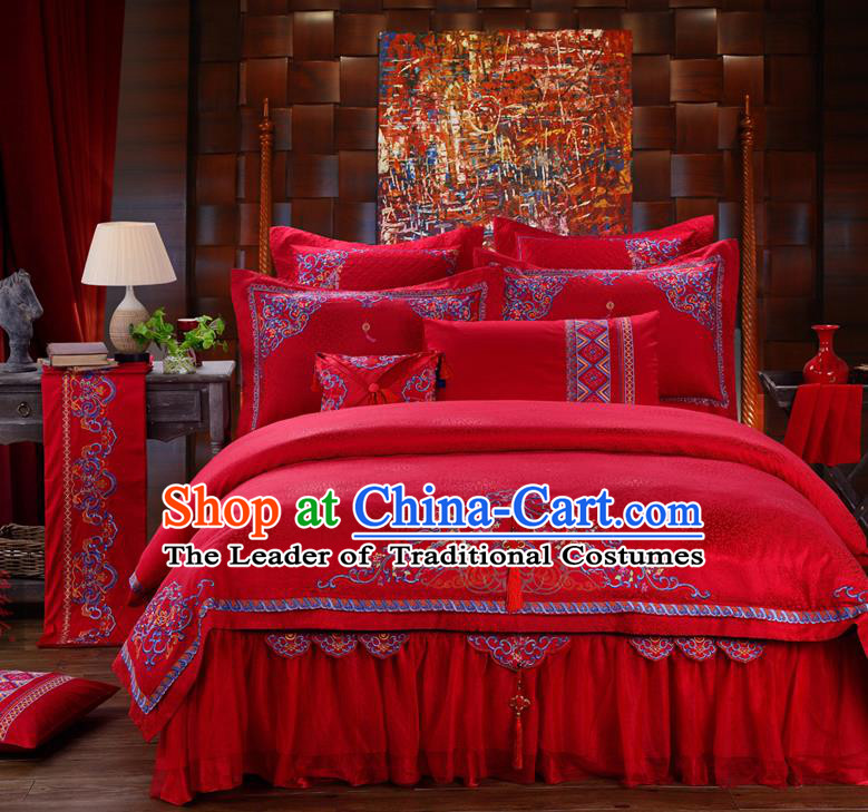 Traditional Chinese Style Wedding Bedding Set, China National Marriage Embroidery Red Textile Bedding Sheet Quilt Cover Ten-piece suit