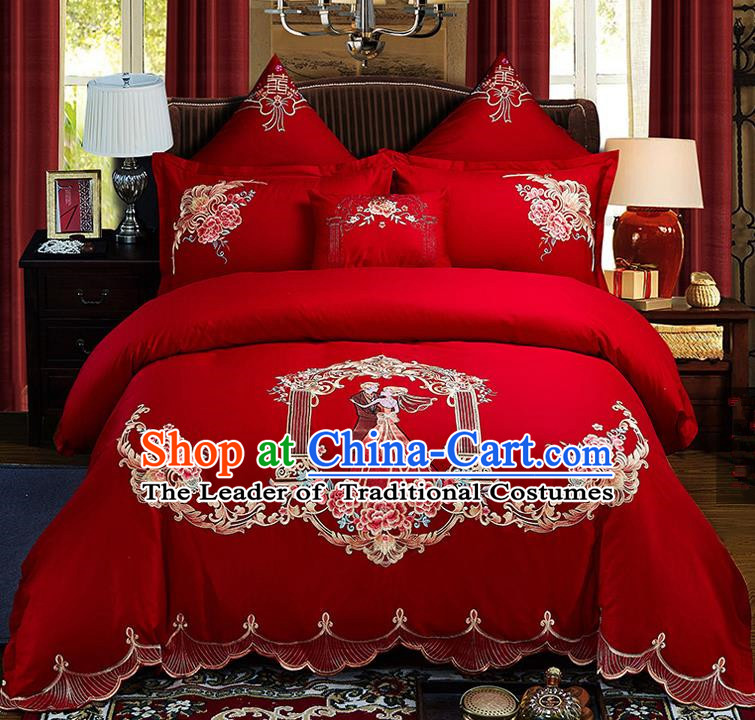 Traditional Chinese Style Wedding Bedding Set, China National Marriage Embroidery Love Couple Red Textile Bedding Sheet Quilt Cover Seven-piece suit