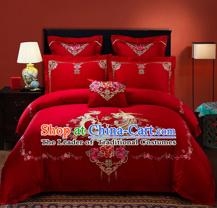 Traditional Chinese Style Wedding Bedding Set, China National Marriage Embroidery Twin Bliss Red Textile Bedding Sheet Quilt Cover Seven-piece suit