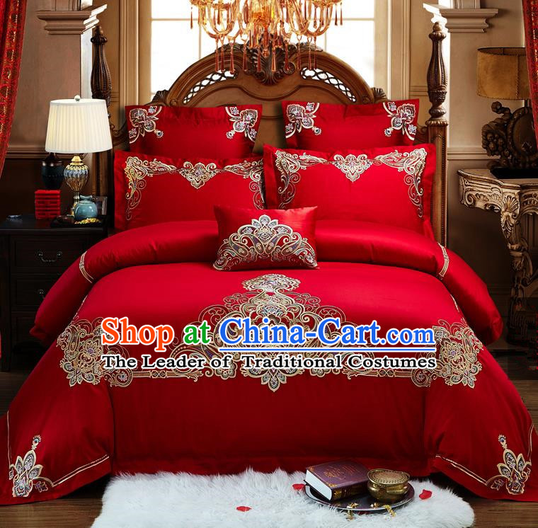 Traditional Chinese Style Wedding Bedding Set, China National Marriage Embroidery Red Textile Bedding Sheet Quilt Cover Seven-piece suit