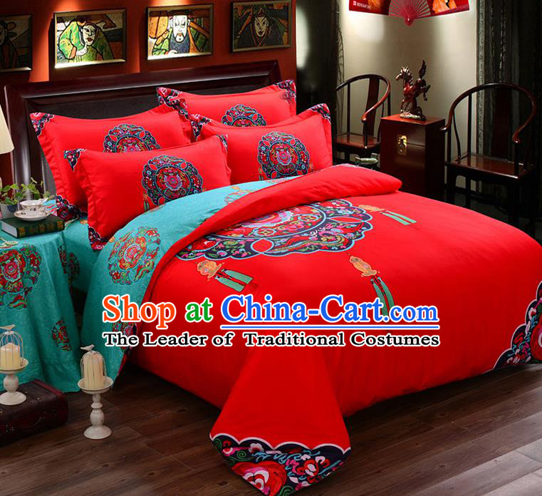 Traditional Chinese Style Wedding Bedding Set, China National Marriage Printing Red Textile Bedding Sheet Quilt Cover Seven-piece suit