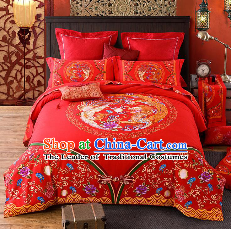 Traditional Chinese Style Wedding Bedding Set, China National Marriage Printing Dragon and Phoenix Red Textile Bedding Sheet Quilt Cover Seven-piece suit