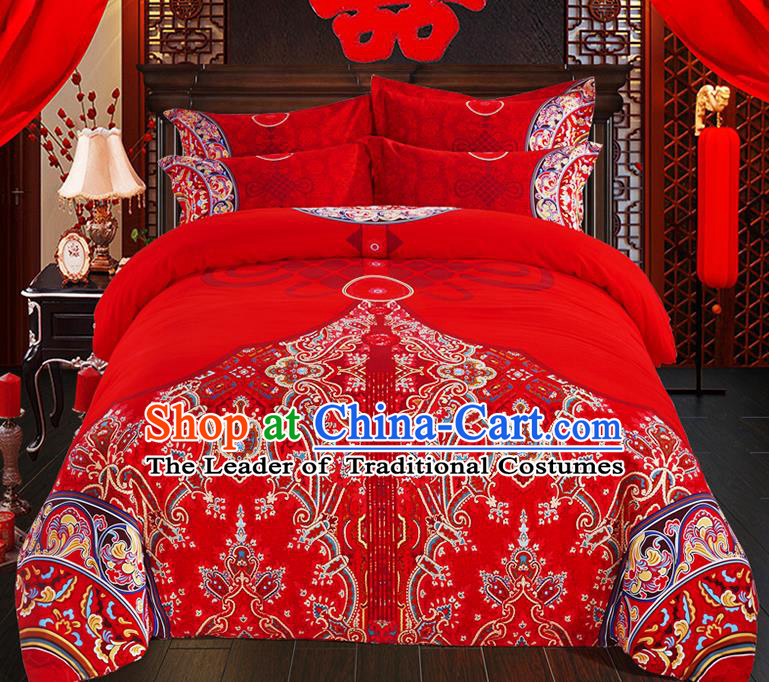 Traditional Chinese Style Wedding Bedding Set, China National Marriage Printing Flowers Red Textile Bedding Sheet Quilt Cover Seven-piece suit