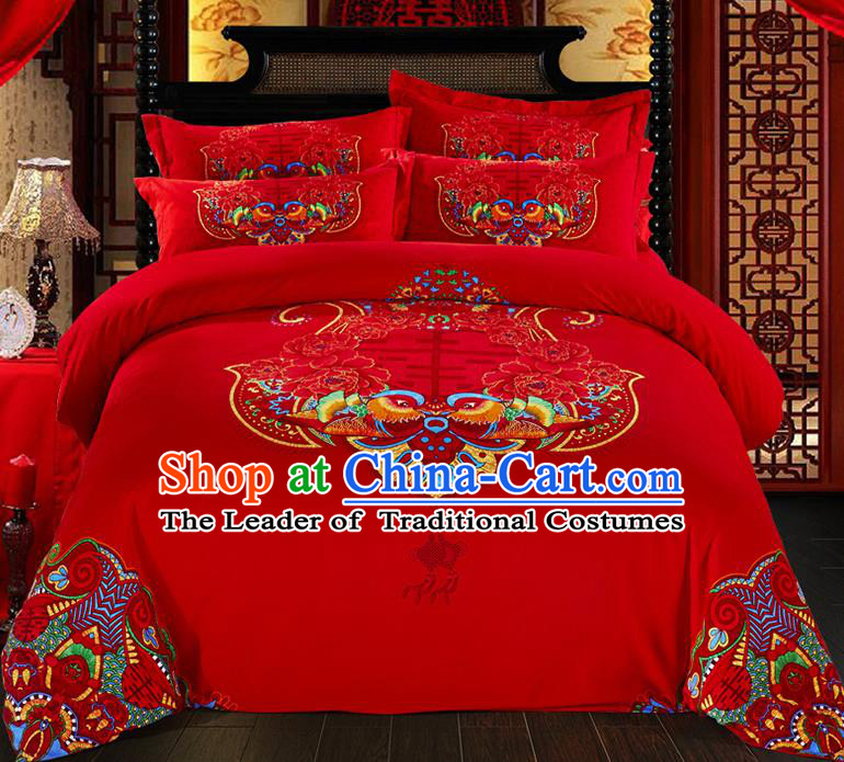 Traditional Chinese Style Wedding Bedding Set, China National Marriage Printing Mandarin Duck Red Textile Bedding Sheet Quilt Cover Seven-piece suit