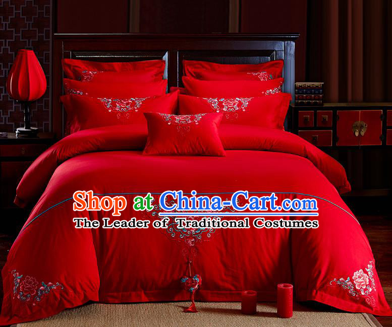 Traditional Chinese Style Wedding Bedding Set, China National Marriage Embroidery Peony Red Textile Bedding Sheet Quilt Cover Six-piece suit