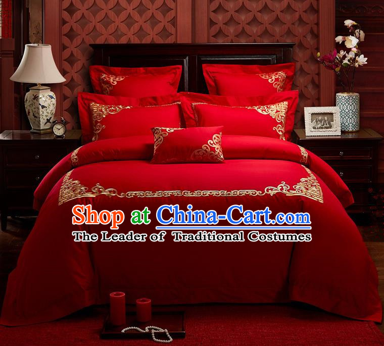 Traditional Chinese Style Wedding Bedding Set, China National Marriage Embroidery Red Textile Bedding Sheet Quilt Cover Seven-piece suit