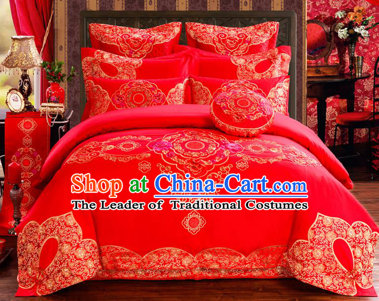 Traditional Chinese Style Marriage Bedding Set Embroidered Magpie Wedding Red Satin Drill Textile Bedding Sheet Quilt Cover Ten-piece Suit