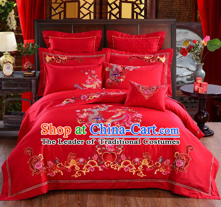 Traditional Chinese Style Marriage Bedding Set Embroidered Phoenix Peony Wedding Celebration Red Satin Drill Textile Bedding Sheet Quilt Cover Ten-piece Suit