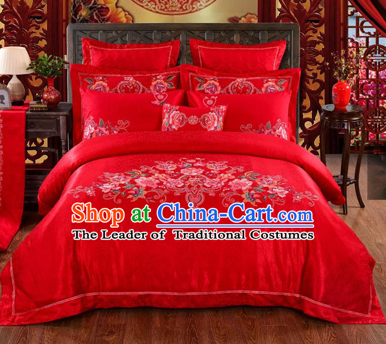 Traditional Chinese Style Marriage Bedding Set Embroidered Peony Wedding Celebration Red Satin Drill Textile Bedding Sheet Quilt Cover Ten-piece Suit