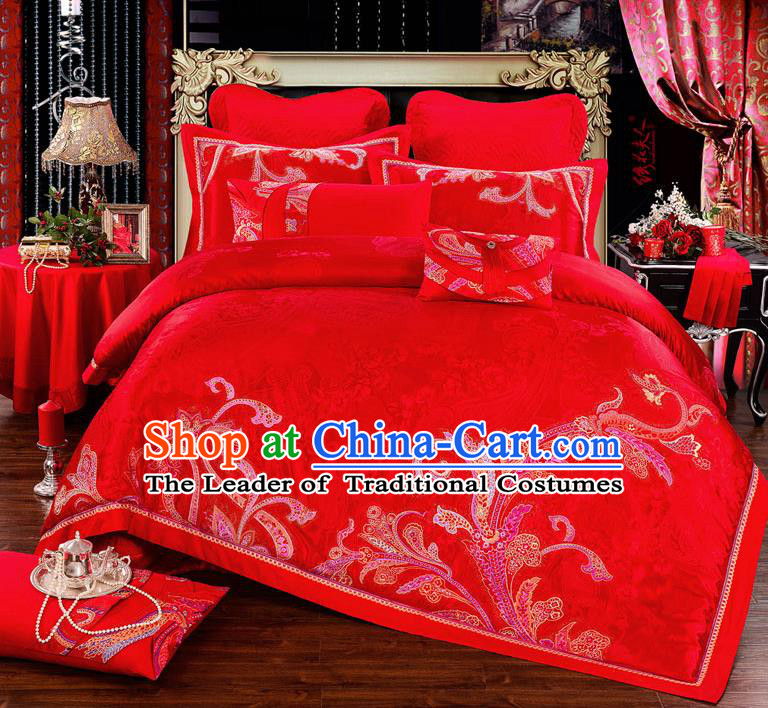 Traditional Chinese Style Marriage Printing Bedding Set Wedding Celebration Red Satin Drill Textile Bedding Sheet Quilt Cover Ten-piece Suit