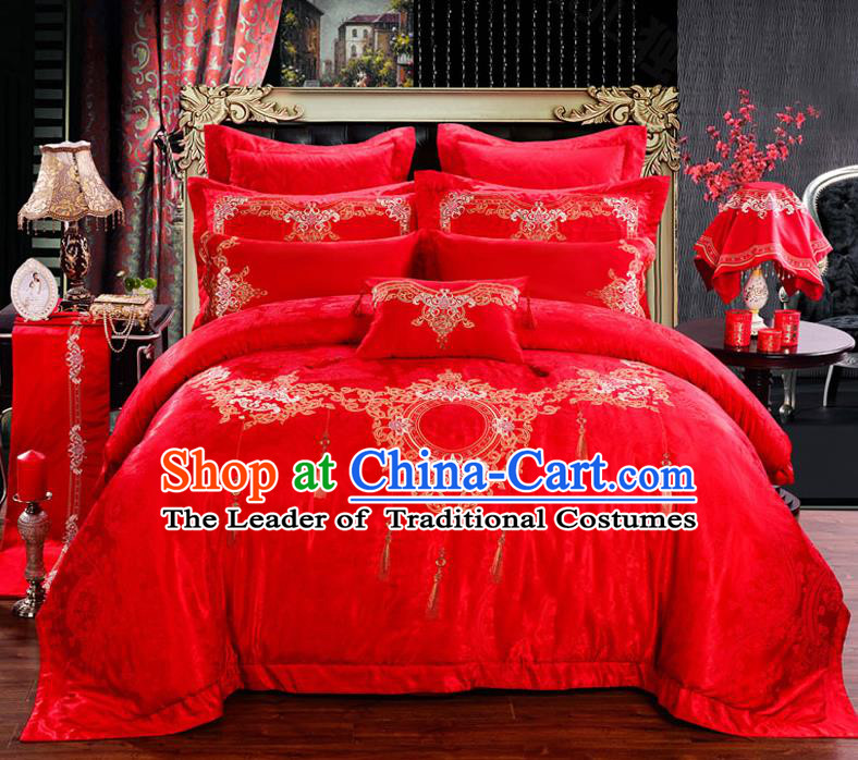 Traditional Chinese Style Marriage Embroidered Bedding Set Wedding Celebration Red Satin Drill Textile Bedding Sheet Quilt Cover Ten-piece Suit