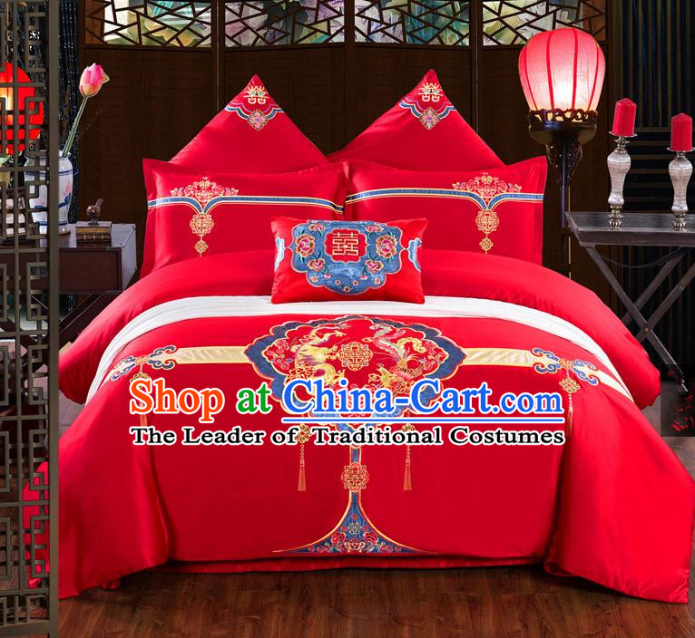 Traditional Chinese Style Wedding Bedding Set, China National Marriage Printing Red Textile Bedding Sheet Quilt Cover Seven-piece suit