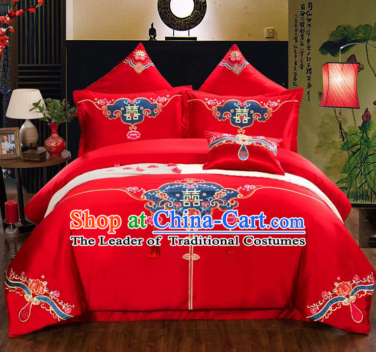 Traditional Chinese Style Marriage Bedding Set, China National Printing Wedding Red Textile Bedding Sheet Quilt Cover Seven-piece suit