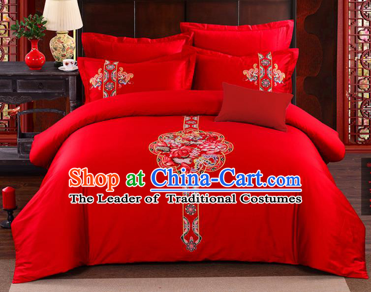 Traditional Chinese Style Marriage Bedding Set, China National Printing Phoenix Peony Wedding Red Textile Bedding Sheet Quilt Cover Seven-piece suit