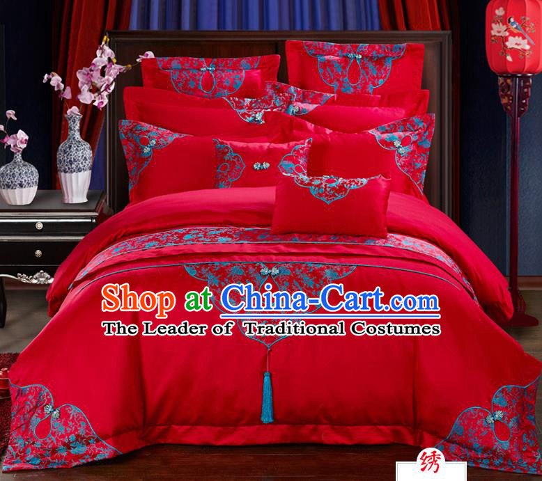 Traditional Chinese Style Marriage Bedding Set, China National Embroidered Wedding Red Textile Bedding Sheet Quilt Cover Four-piece suit