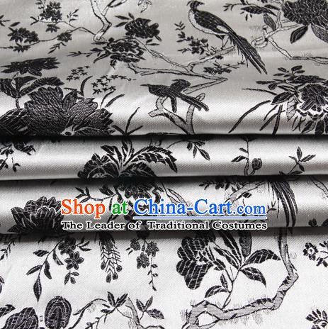 Chinese Royal Palace Traditional Costume Black Magpie Pattern White Satin Brocade Fabric, Chinese Ancient Clothing Drapery Hanfu Cheongsam Material