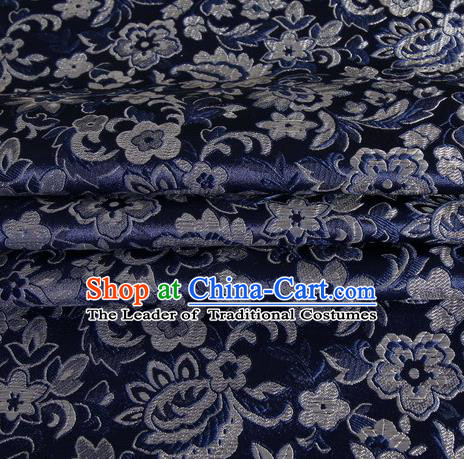 Chinese Royal Palace Traditional Costume Pattern Navy Satin Brocade Fabric, Chinese Ancient Clothing Drapery Hanfu Cheongsam Material