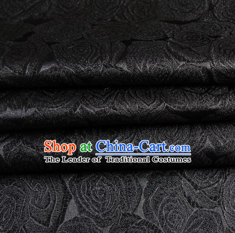 Chinese Royal Palace Traditional Costume Rose Pattern Black Satin Brocade Fabric, Chinese Ancient Clothing Drapery Hanfu Cheongsam Material