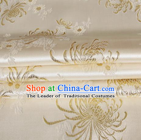 Chinese Royal Palace Traditional Costume Chrysanthemum Pattern White Satin Brocade Fabric, Chinese Ancient Clothing Drapery Hanfu Cheongsam Material