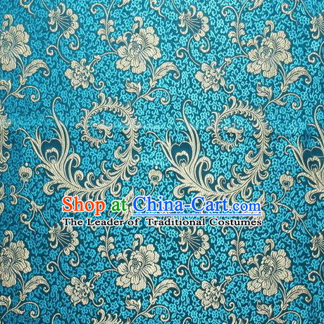 Chinese Royal Palace Traditional Costume Pteris Pattern Blue Satin Brocade Fabric, Chinese Ancient Clothing Drapery Hanfu Cheongsam Material