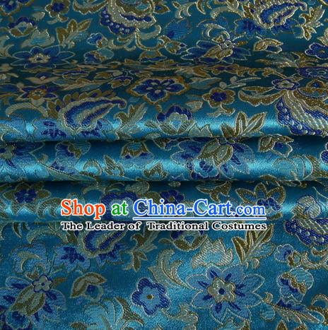 Chinese Traditional Costume Royal Palace Pattern Blue Satin Brocade Fabric, Chinese Ancient Clothing Drapery Hanfu Cheongsam Material