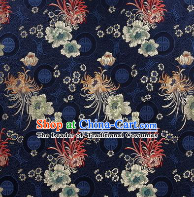 Chinese Traditional Costume Royal Palace Chrysanthemum Pattern Blue Satin Brocade Fabric, Chinese Ancient Clothing Drapery Hanfu Cheongsam Material