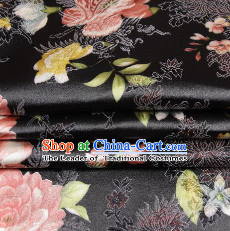 Chinese Traditional Costume Royal Palace Peony Pattern Black Satin Brocade Fabric, Chinese Ancient Clothing Drapery Hanfu Cheongsam Material