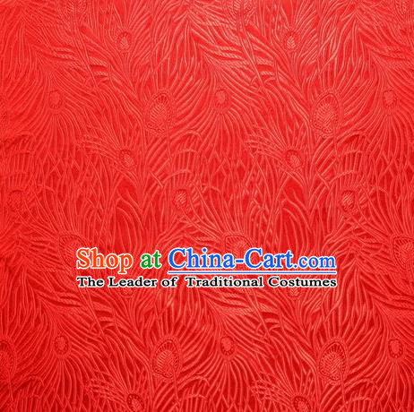 Chinese Royal Palace Traditional Costume Peacock Feather Pattern Red Satin Brocade Fabric, Chinese Ancient Clothing Drapery Hanfu Cheongsam Material