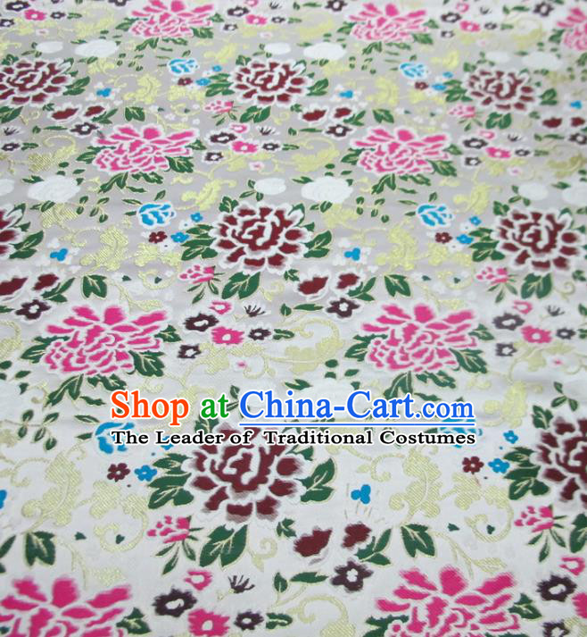 Chinese Traditional Costume Royal Palace Peony Pattern White Satin Nanjing Brocade Fabric, Chinese Ancient Clothing Drapery Hanfu Cheongsam Material