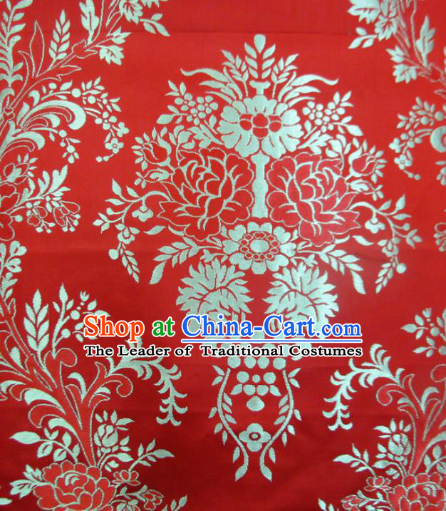 Chinese Traditional Costume Royal Palace Flowers Pattern Red Satin Nanjing Brocade Fabric, Chinese Ancient Clothing Drapery Hanfu Cheongsam Material