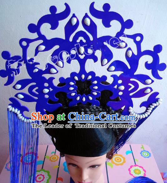 Asian Traditional China Blue Tassel Headpiece Model Show Headdress Ceremonial Occasions Hair Accessories and Wig