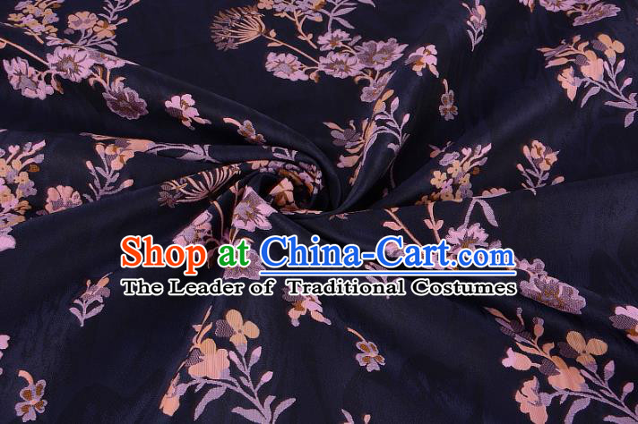 Chinese Traditional Costume Royal Palace Printing Dandelion Pattern Navy Brocade Fabric, Chinese Ancient Clothing Drapery Hanfu Cheongsam Material