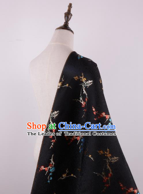 Chinese Traditional Costume Royal Palace Printing Wintersweet Pattern Black Brocade Fabric, Chinese Ancient Clothing Drapery Hanfu Cheongsam Material