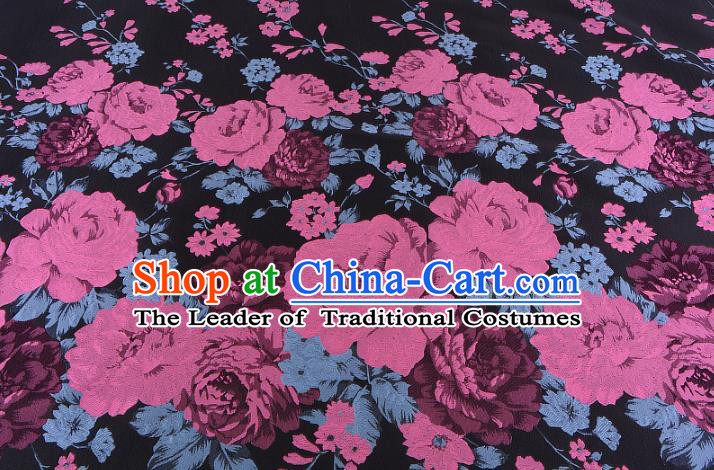 Chinese Traditional Costume Royal Palace Printing Pink Peony Pattern Black Brocade Fabric, Chinese Ancient Clothing Drapery Hanfu Cheongsam Material