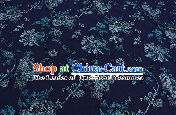 Chinese Traditional Costume Royal Palace Printing Flowers Navy Satin Brocade Fabric, Chinese Ancient Clothing Drapery Hanfu Cheongsam Material