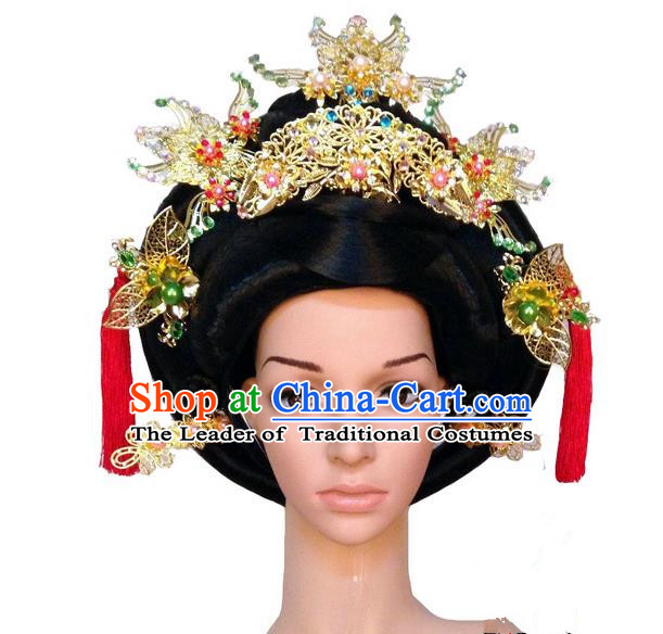 Chinese Wedding Jewelry Accessories Traditional Xiuhe Suits Wedding Bride Headwear, Wedding Hair Accessories Tiara Ancient Chinese Red Tassel Harpins Complete Set for Women