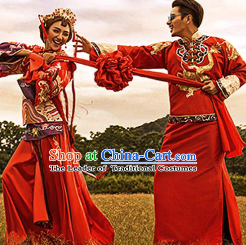 Traditional Ancient Chinese Costume Xiuhe Suits, Chinese Style Bride and Bridegroom Wedding Dress, Red Ancient Dragon And Phoenix Flown Toast Cheongsam for Women for Men