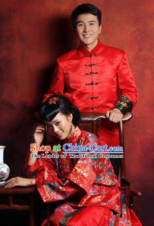 Traditional Ancient Chinese Costume Xiuhe Suits, Chinese Style Bride and Bridegroom Wedding Dress, Red Ancient Dragon And Phoenix Flown Toast Cheongsam for Women for Men