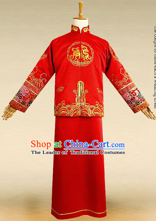 Traditional Ancient Chinese Costume Chinese Style Tang Suit Wedding Red Dress Ancient Long Kylin Flown Mandarin Jacket Groom Toast Clothing for Men