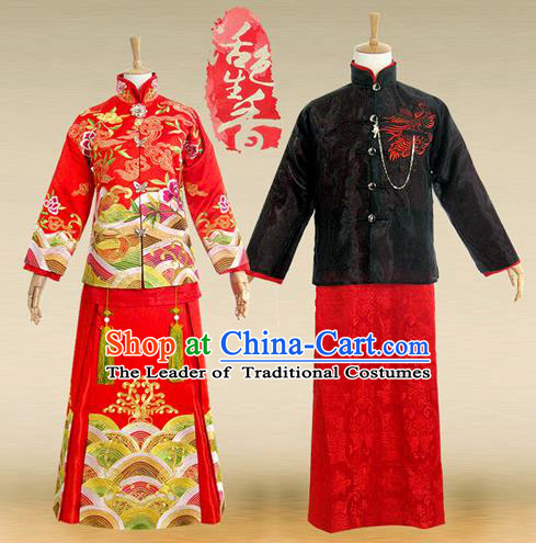 Traditional Ancient Chinese Wedding Costume Complete Set, Chinese Style Wedding Bride and Bridegroom Dress, Restoring Ancient Red Embroidered Dragon and Phoenix Flown, Marriage Toast Cheongsam for Women for Men